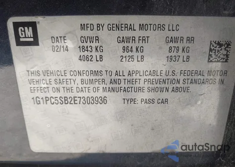 2014 Chevrolet Cruze 1Lt Auto из США, поврежденный, VIN 1G1PC5SB2E7303936